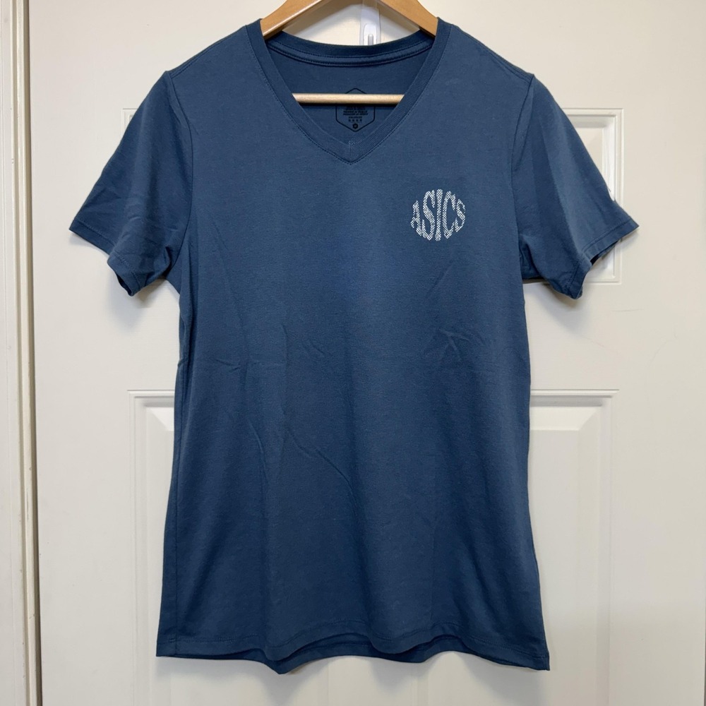 ASICS Womens T-Shirt M‎ Blue Nature V-Neck Sound Mind Sound Body Hiking Tee New